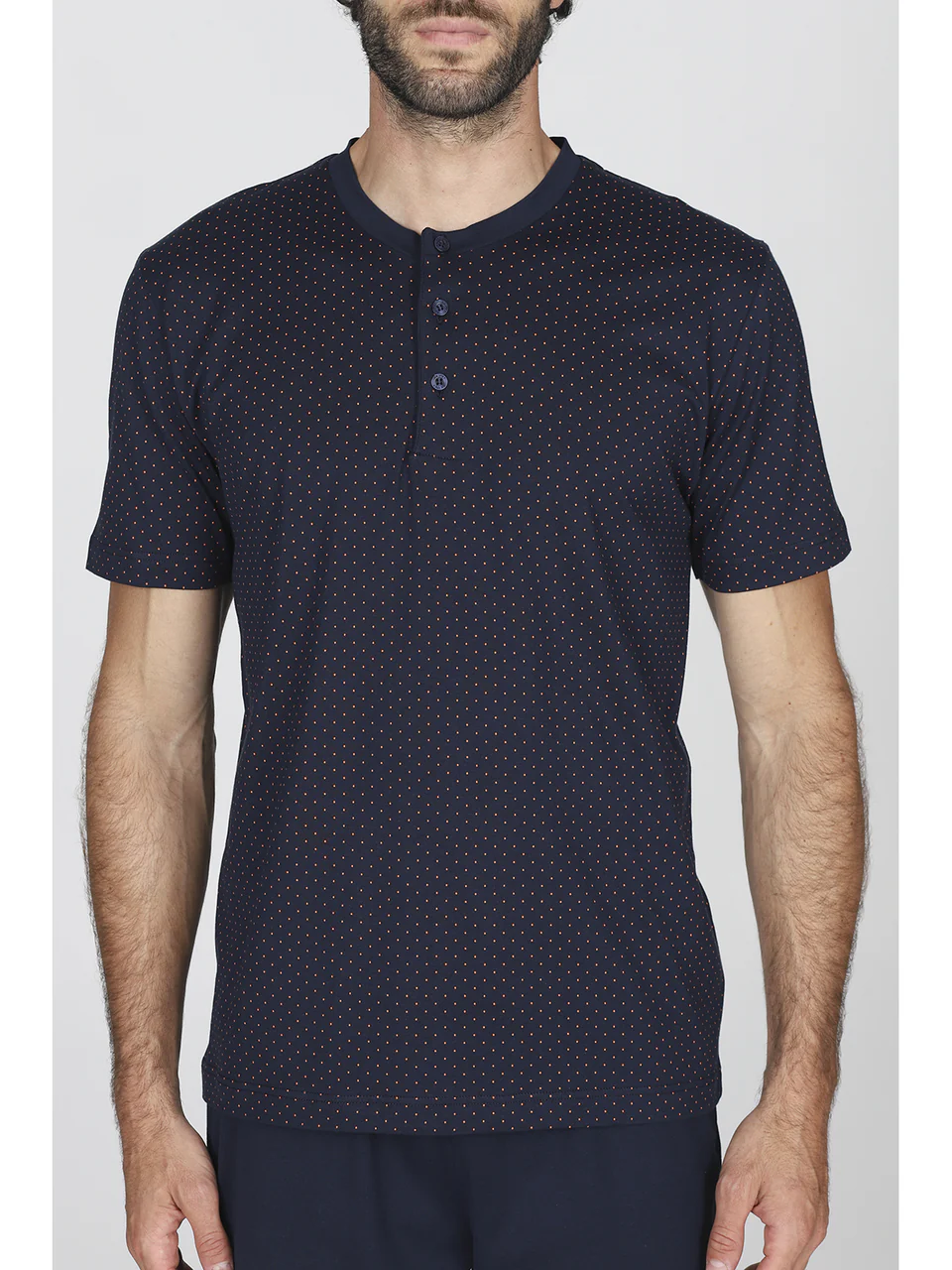 Short men’s pyjama in lightweight pure cotton polka dot jersey