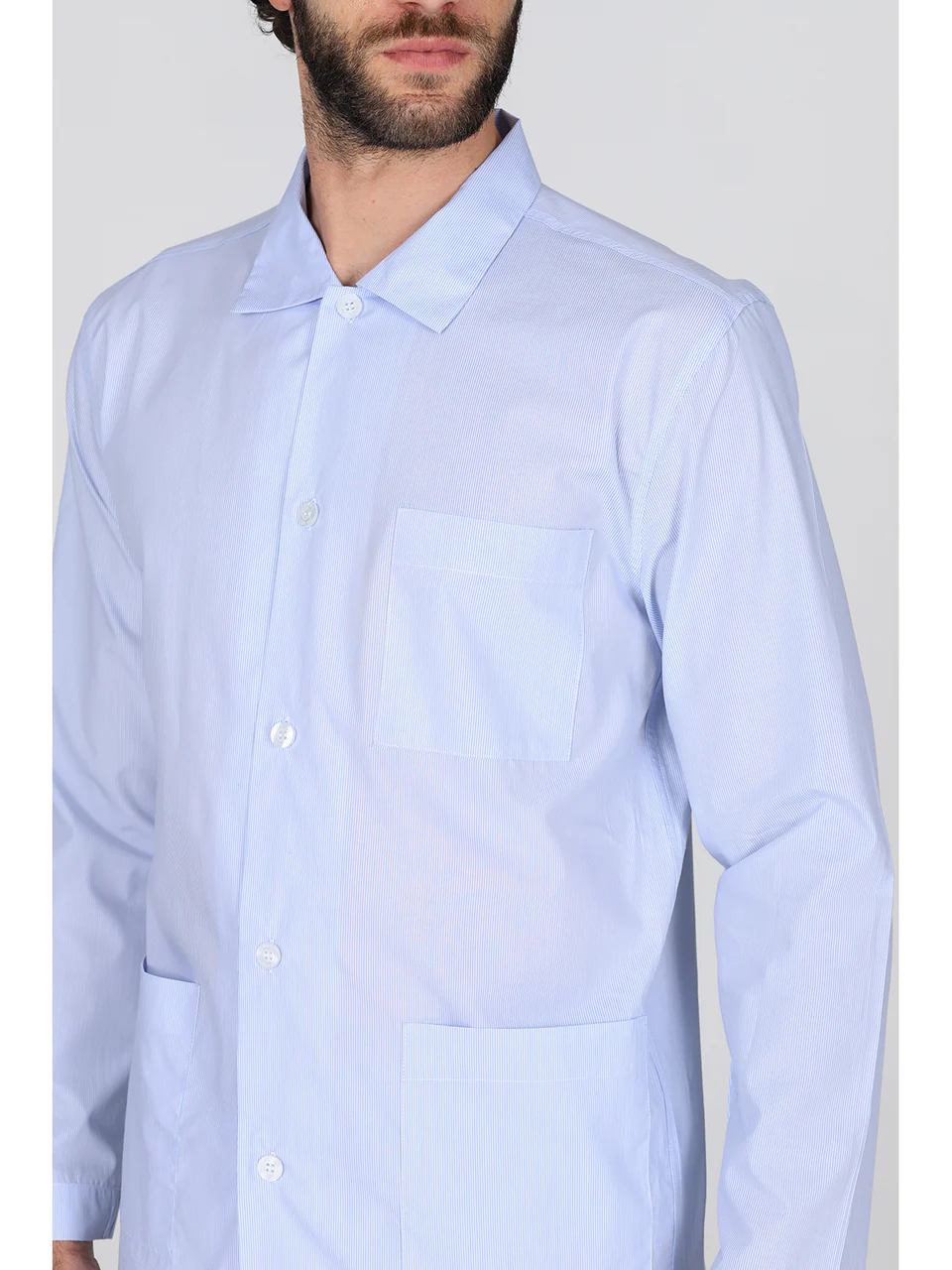 Cardigan pajama in fine light blue striped poplin, impeccable fit