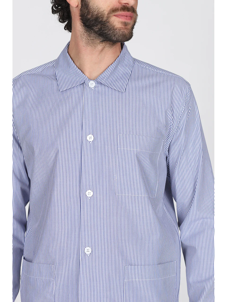 Pajama cardigan in fine blue stripe poplin, impeccable fit