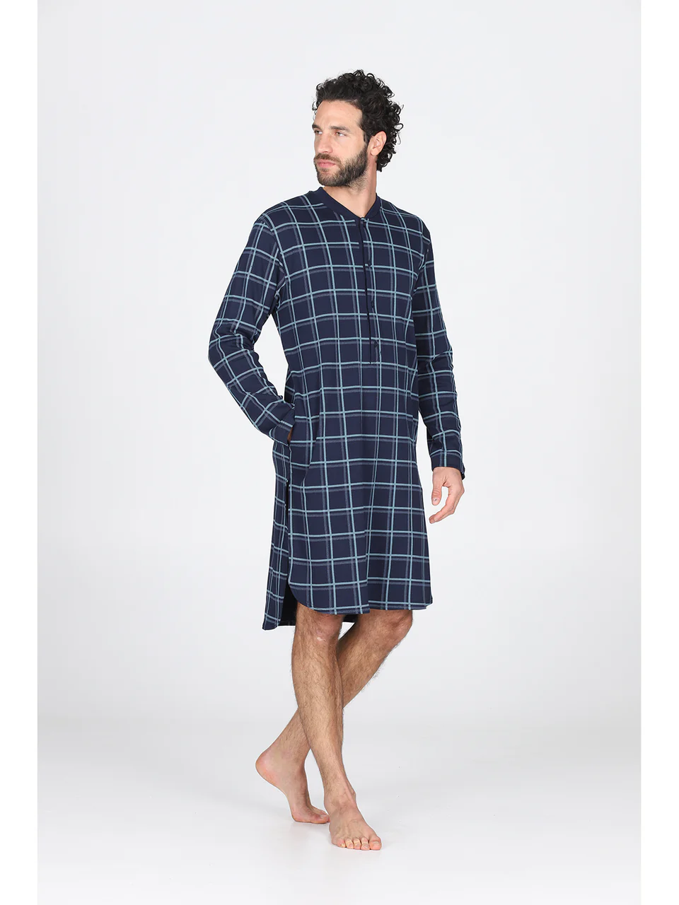 Nightshirt in soft pure cotton check interlock-QUADRO BLU