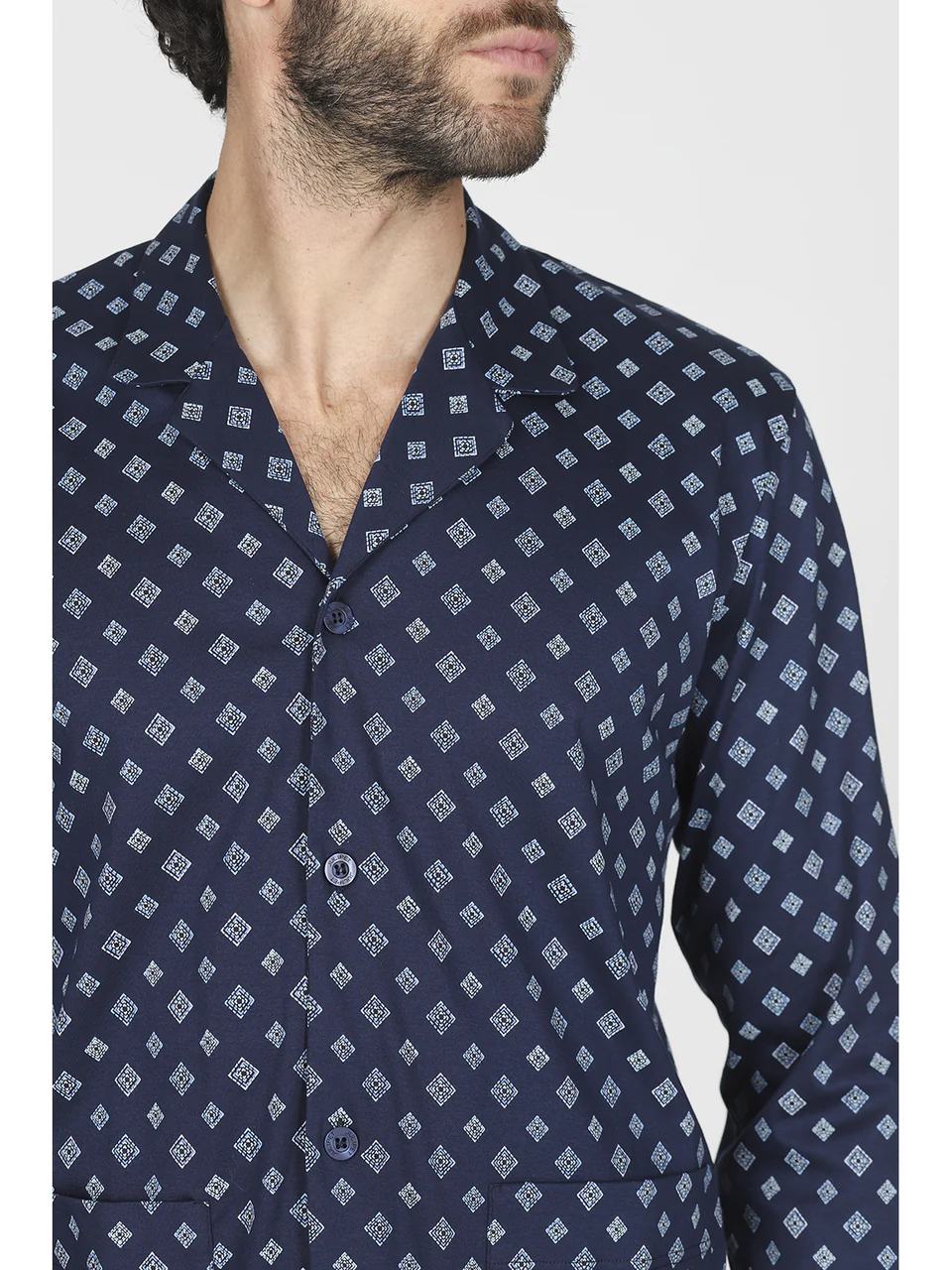 Open pajamas made of soft and shiny mercerized blue cotton with a pattern