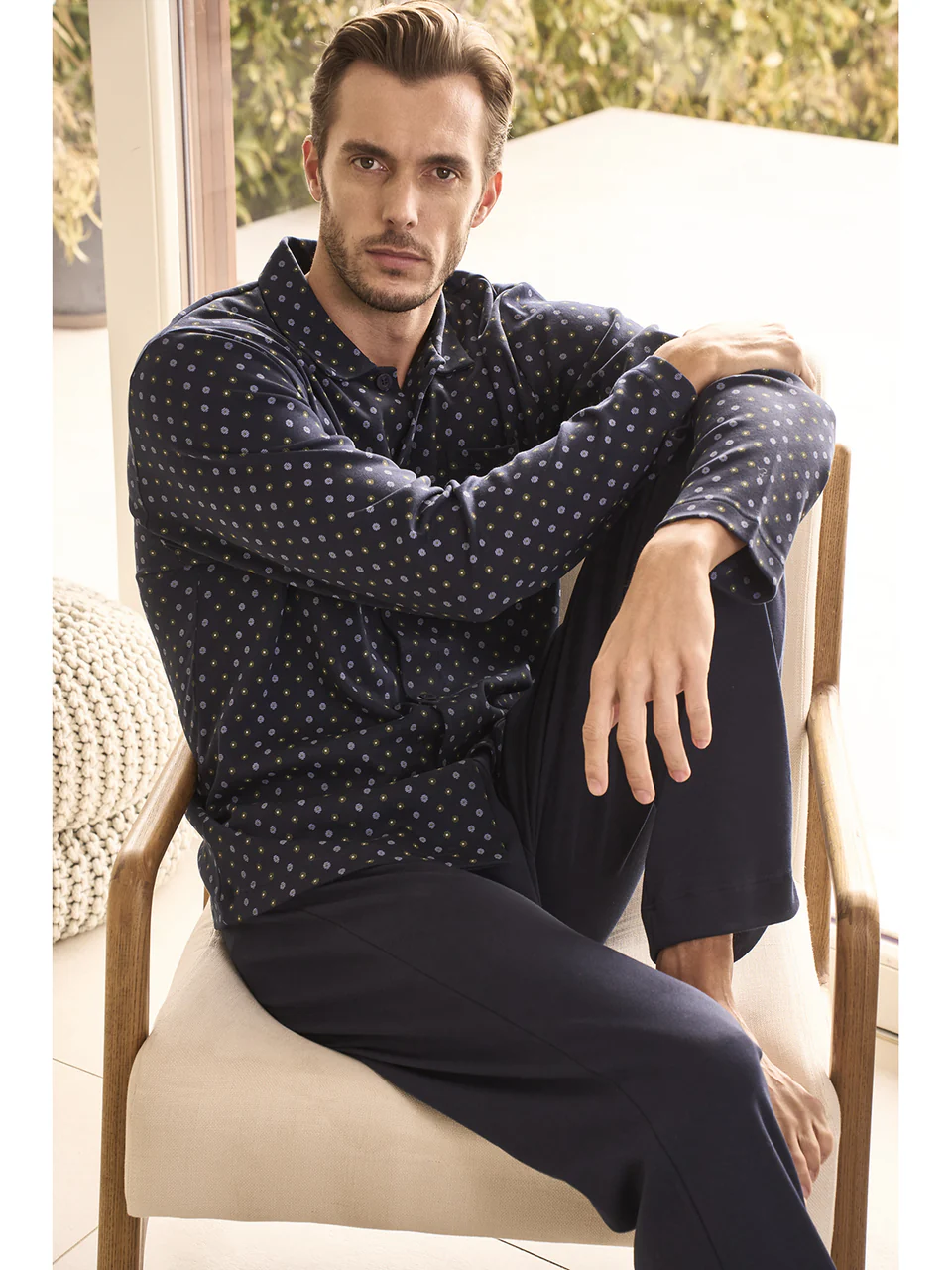 Long-sleeve classic pattern pajama in warm pure cotton interlock