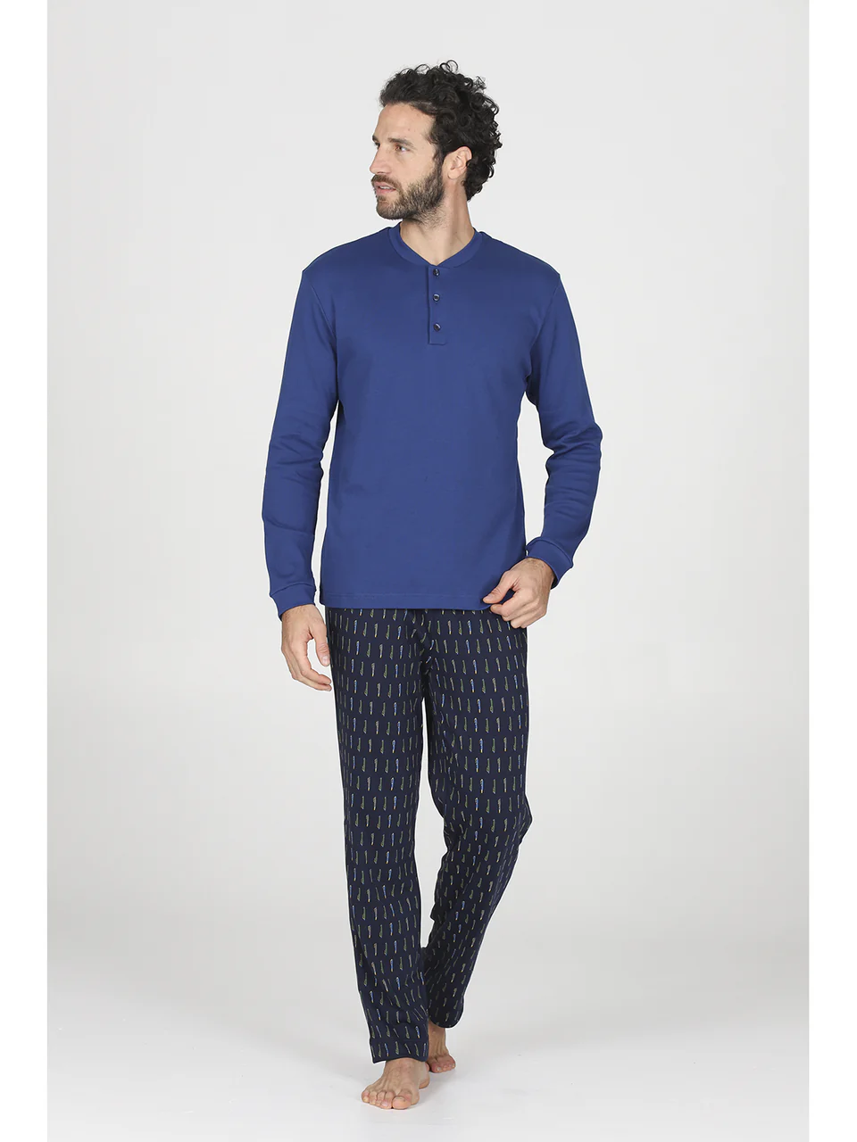 Long-sleeve pajama in warm pure cotton interlock, without cuffs