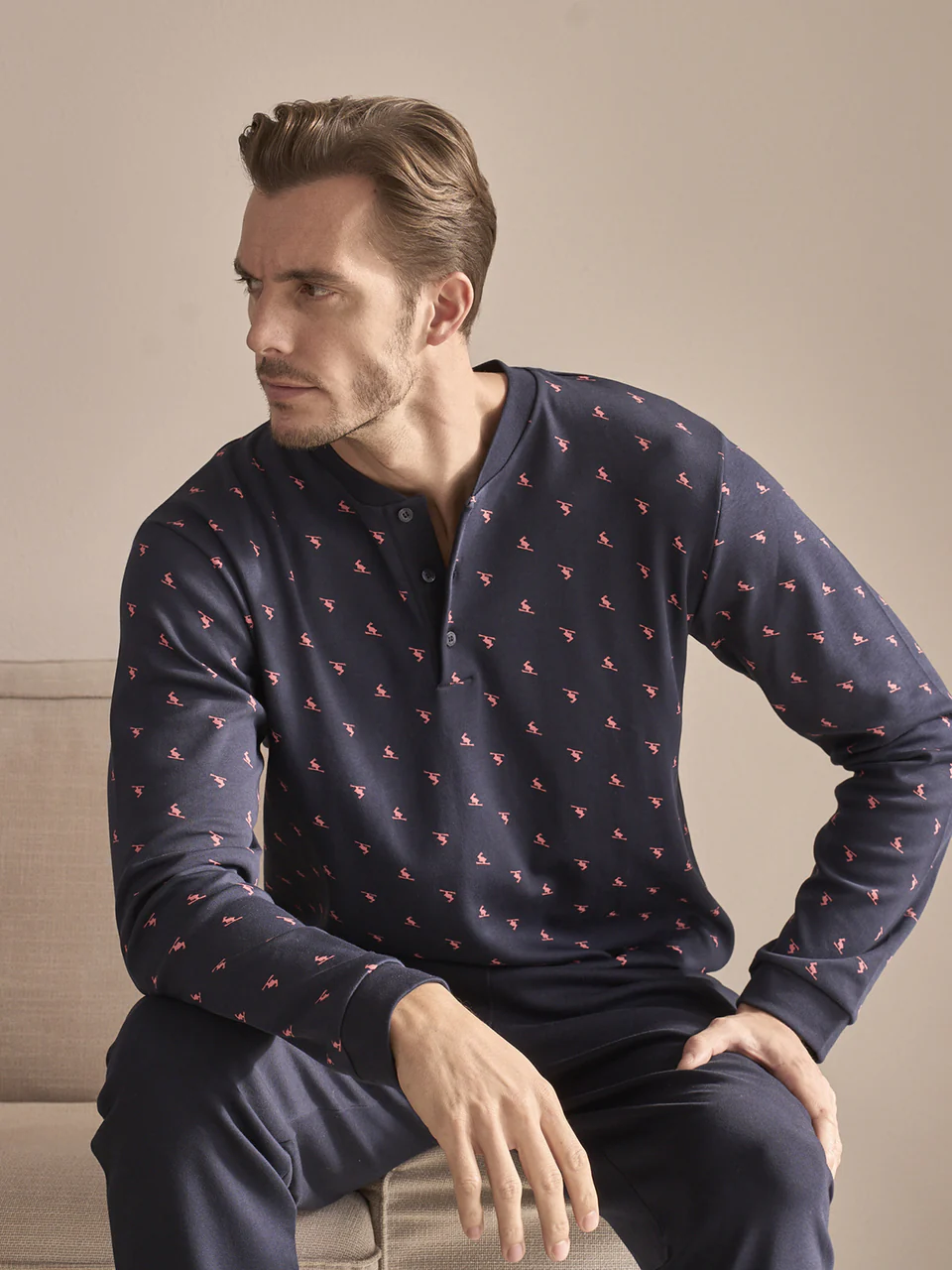 Long pajama in soft pure cotton interlock, rabbit pattern
