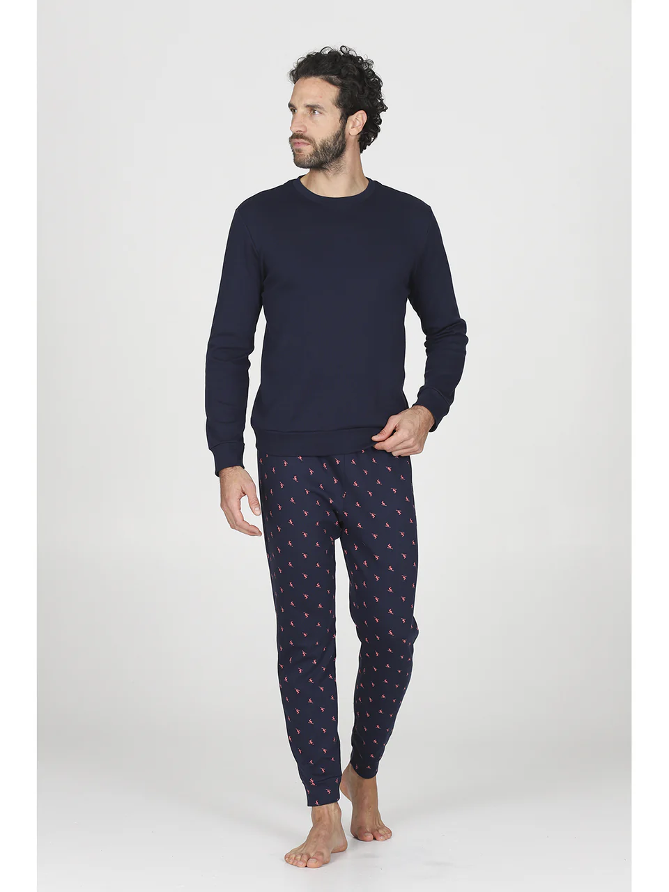Crew neck pajama in soft pure cotton interlock, rabbit patterned TROUSERS