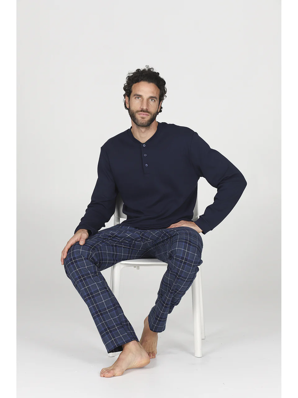 Long pajama with TROUSERS in blue check flannel