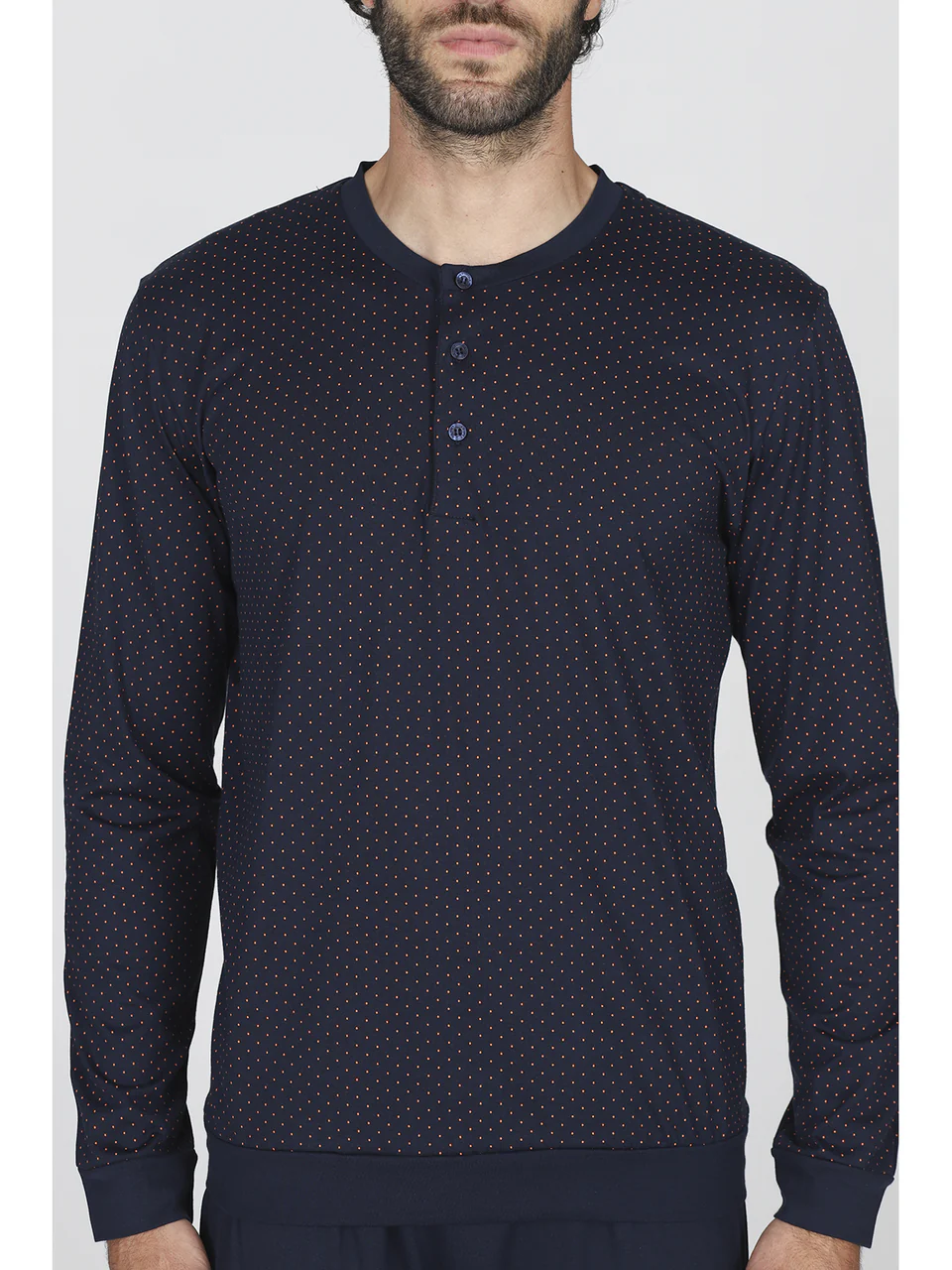 Long pajama for men in lightweight pure cotton jersey with polka dots