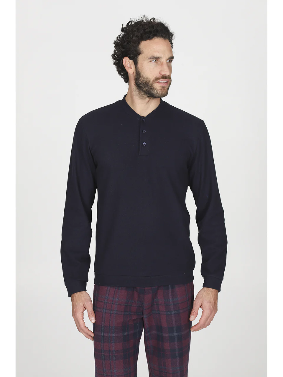 Long John pajamas in comfortable bordeaux tartan jacquard