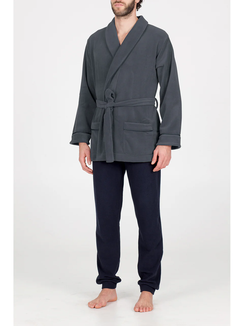 Lounge jacket with shawl collar, in enveloping viscose fleece-GREY