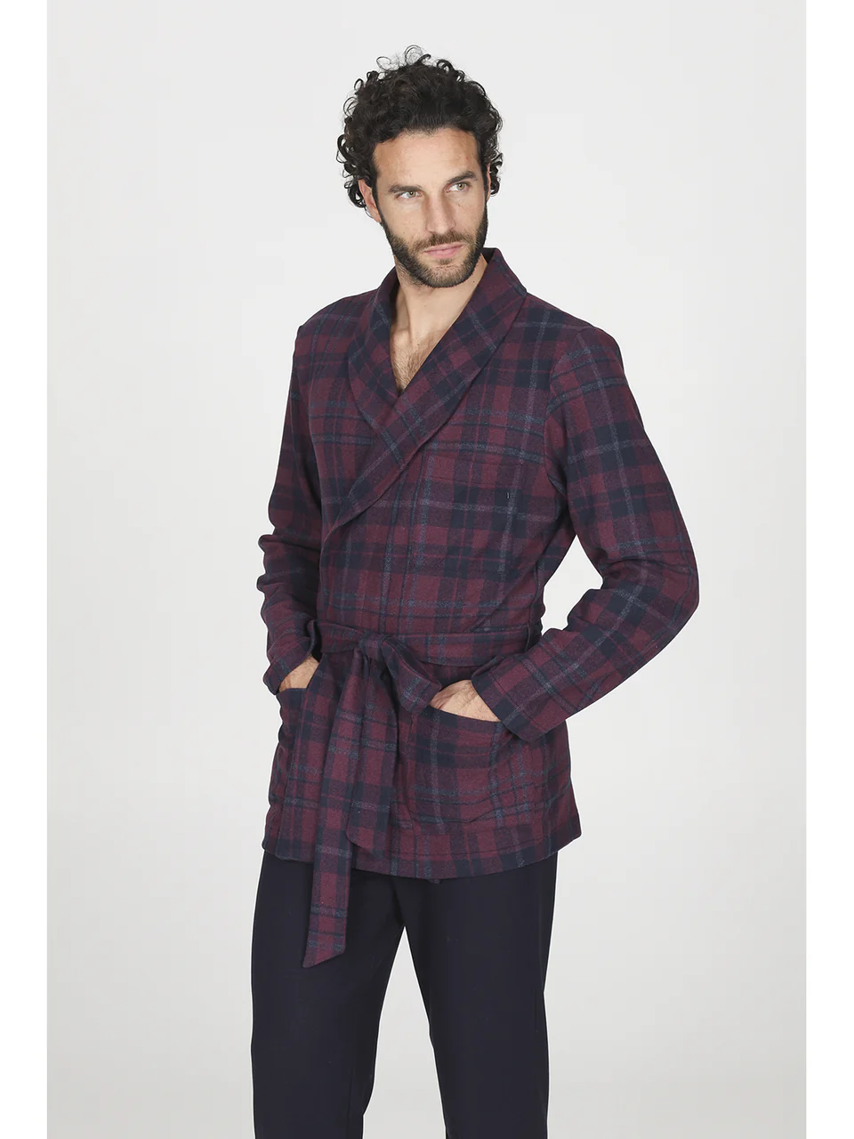 Bordeaux tartan fabric dressing gown