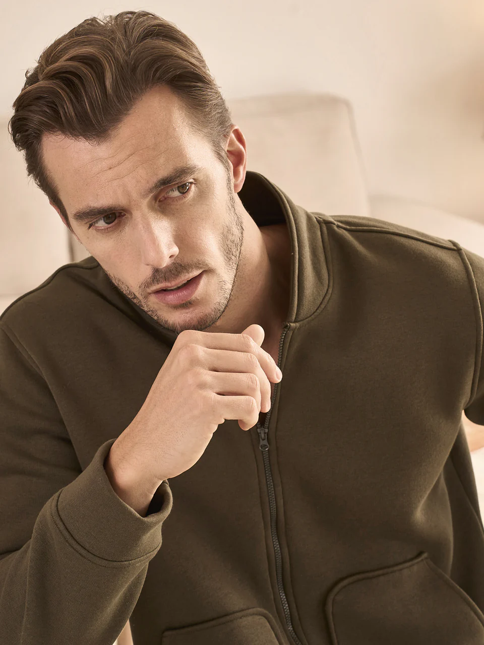 Open tracksuit with front zip, in soft green fleece