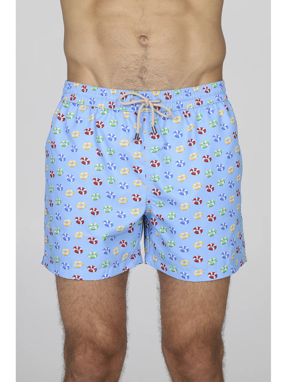 Lightweight microfiber swim trunks with lifebuoy pattern