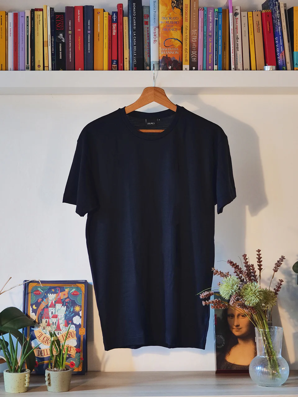 Elegant sweater in pure blue merino wool, crew neck