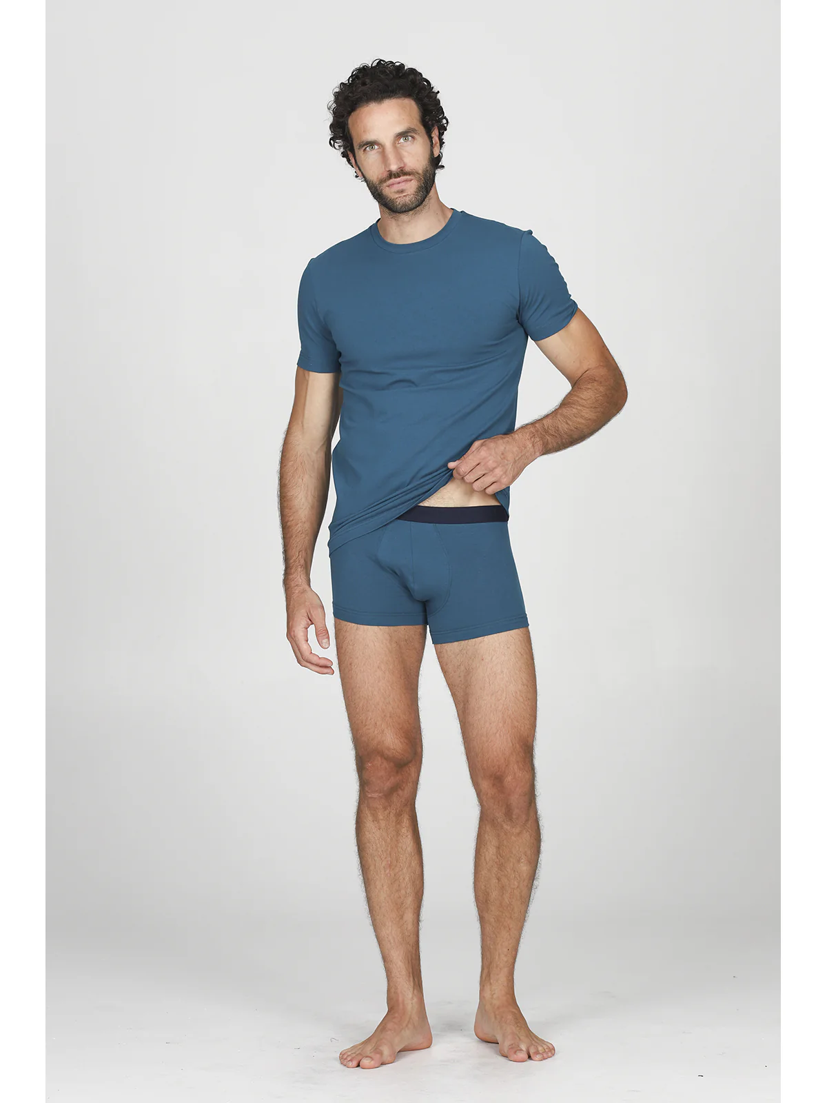 Men’s round neck t-shirt in stretch cotton, petrol color