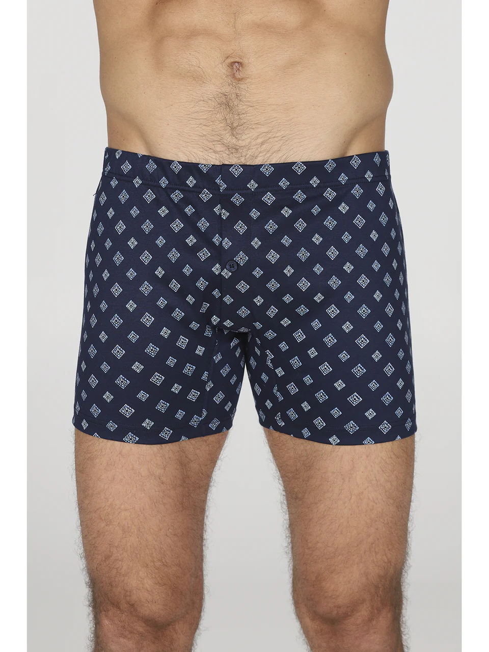 Mid-length open boxer, made of soft mercerized blue cotton with pattern